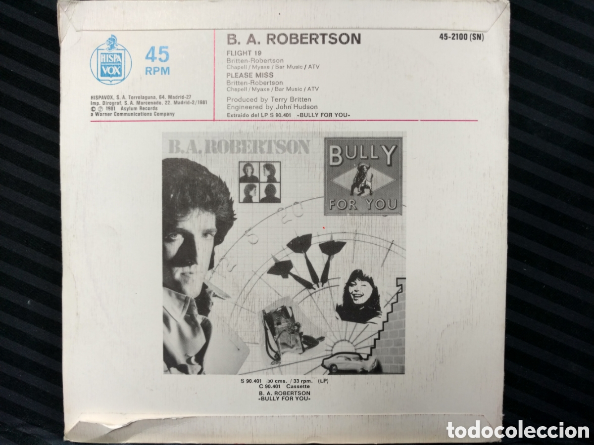 Discos de vinilo: B. A. Robertson - Flight 19 (7&rdquo;, Single) - Foto 2