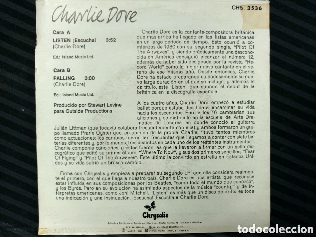 Discos de vinilo: Charlie Dore - Listen (7&rdquo;, Promo) - Foto 2