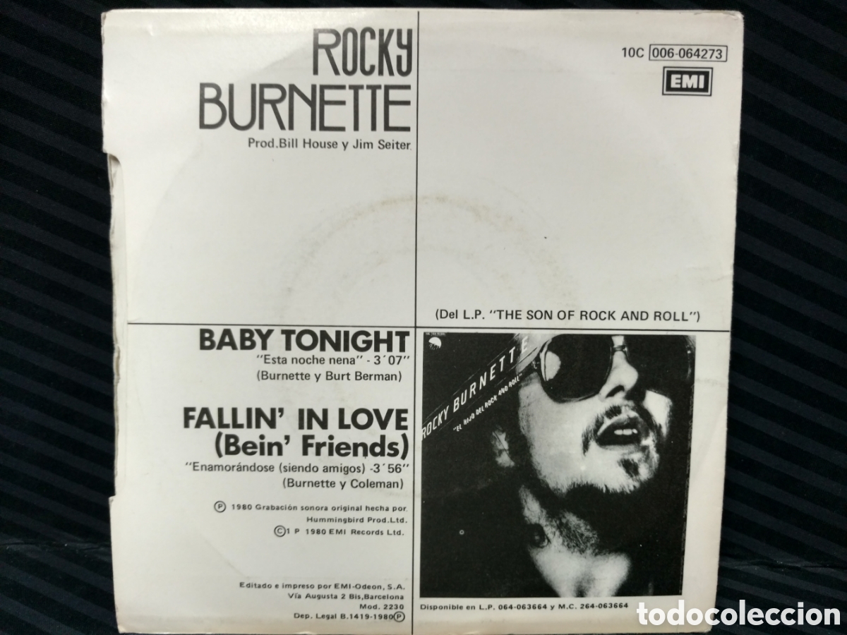 Discos de vinilo: Rocky Burnette - Baby Tonight (7&rdquo;, Single) - Foto 2