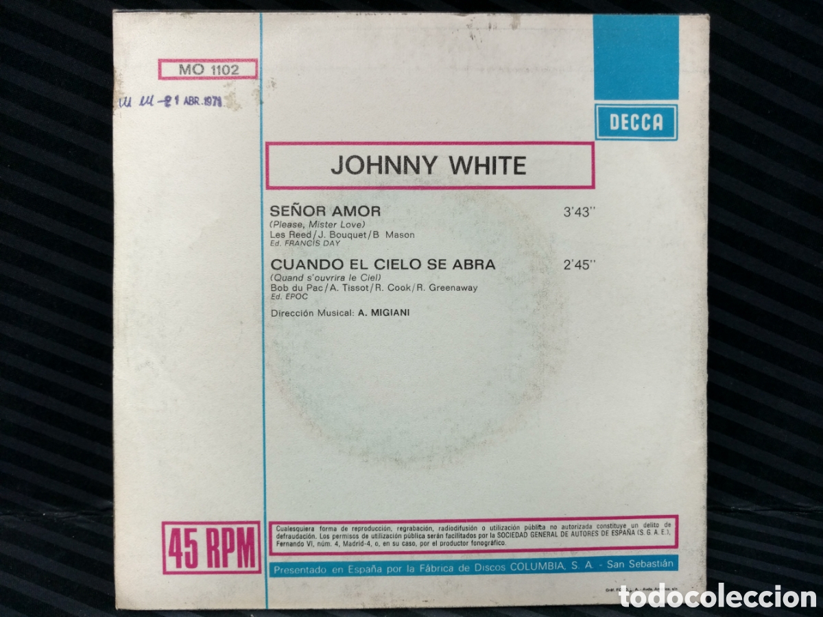 Discos de vinilo: Johnny White - Se&ntilde;or amor (7&rdquo;, Single) - Foto 2