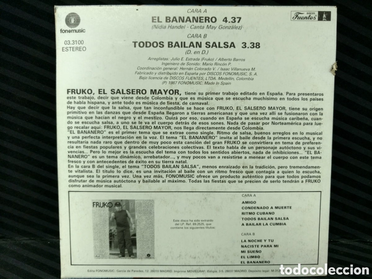 Discos de vinilo: Fruko - El Bananero / Todos Bailan Salsa (7&rdquo;, Single) - Foto 2