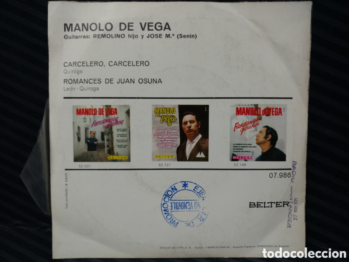 Discos de vinilo: Manolo De Vega - Carcelero Carcelero (7&rdquo;) - Foto 2
