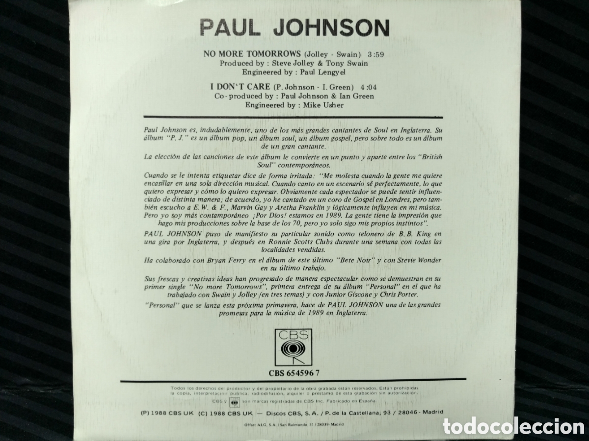 Discos de vinilo: Paul Johnson - No More Tomorrows (7&rdquo;, Single) - Foto 2