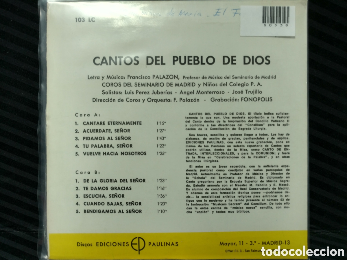 Discos de vinilo: F. Palazon - Cantos Del Pueblo De Dios (7&rdquo;, EP) - Foto 2