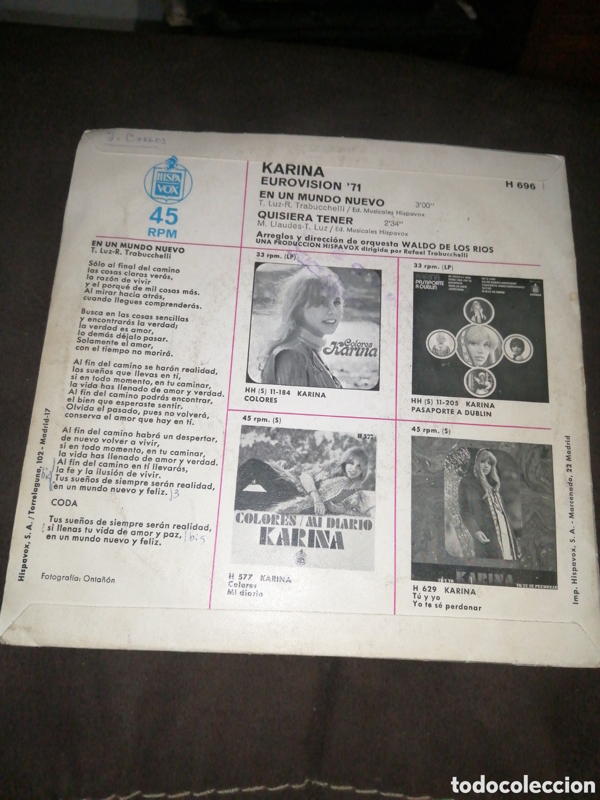 Discos de vinilo: DISCO VINILO EPS, KARINA, EUROVISION, 1971 - Foto 2