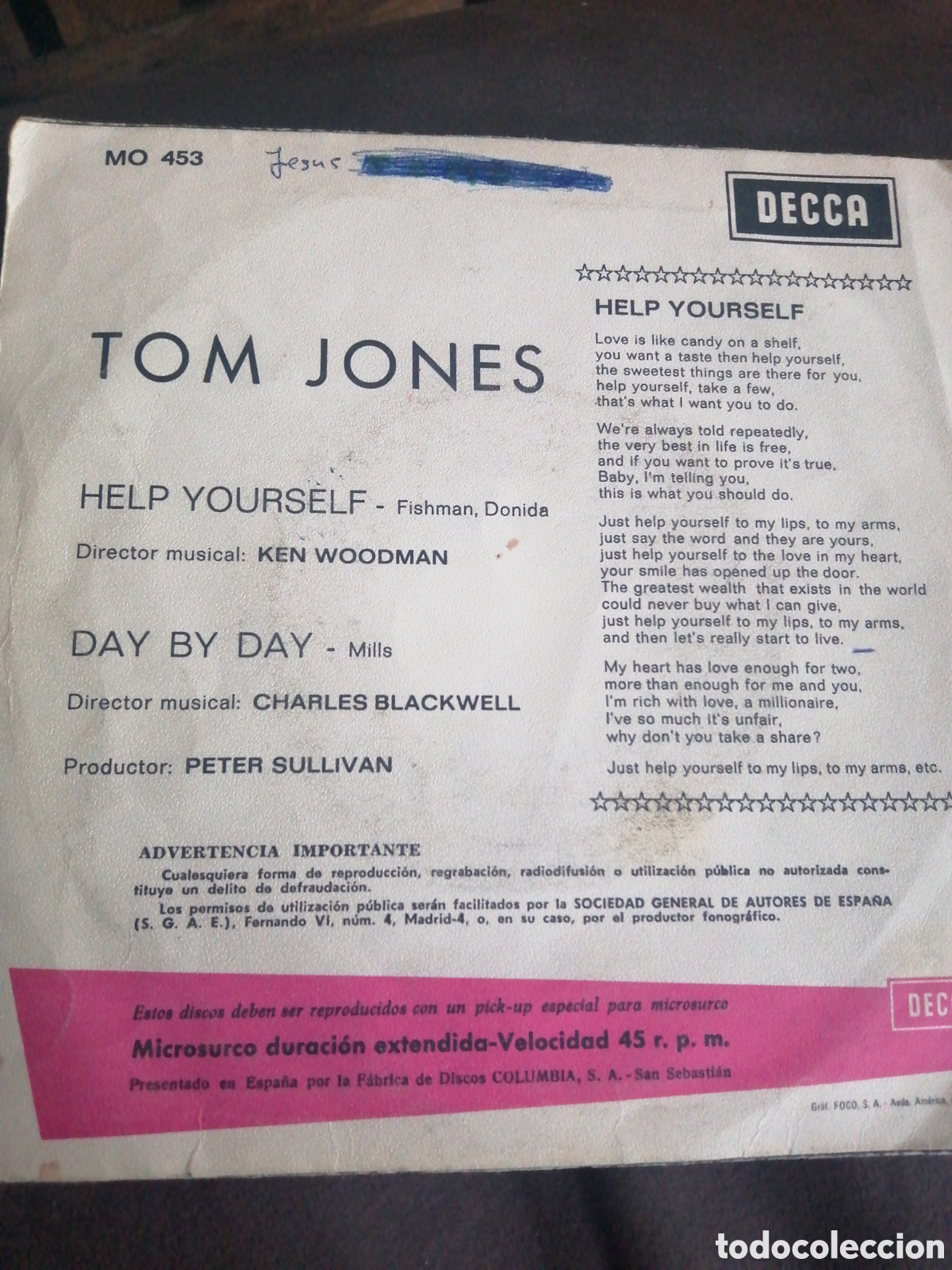 Discos de vinilo: TOM JONES, DISCO VINILO SINGLE,A&Ntilde;O 1968 - Foto 2