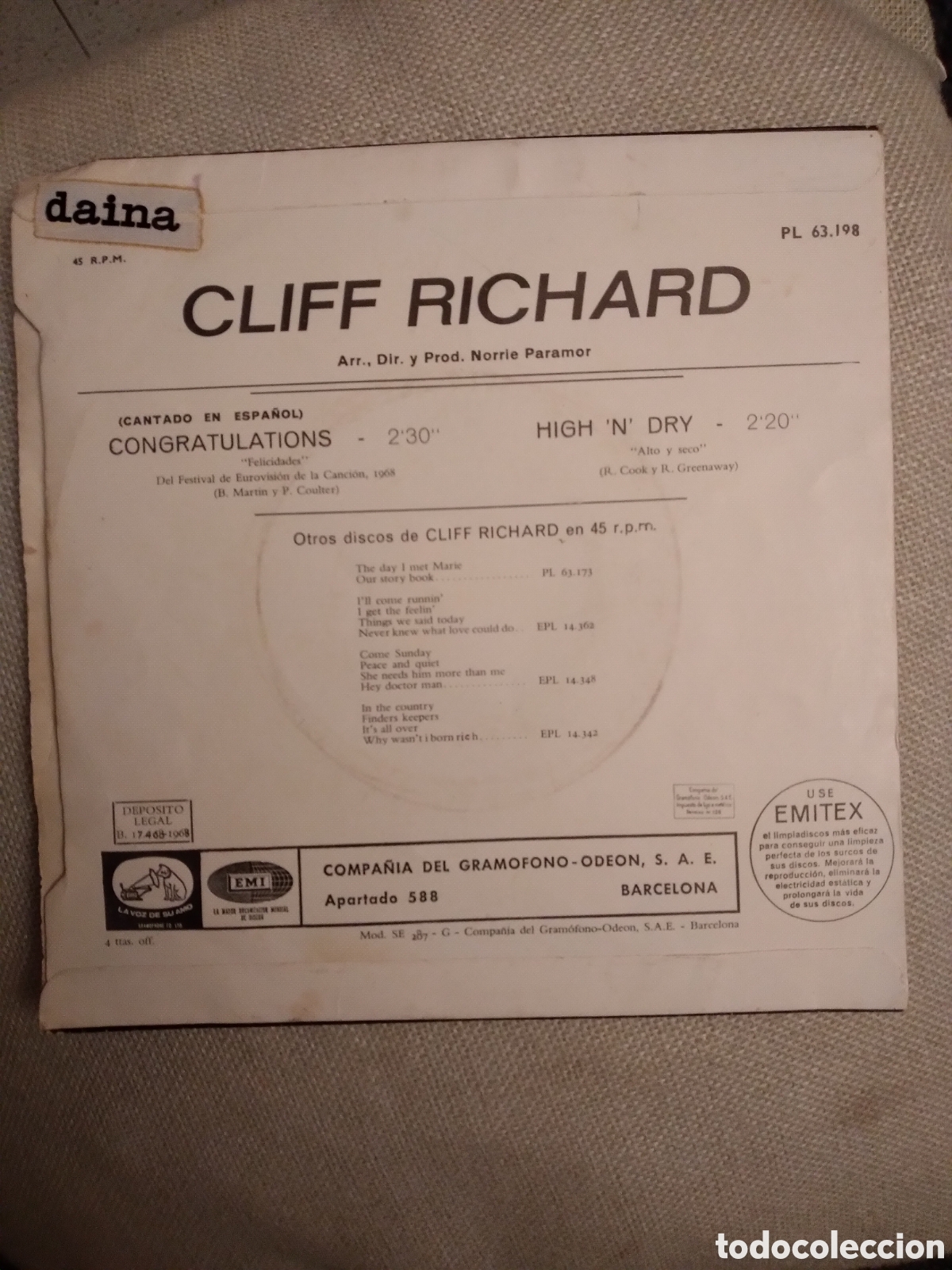 Discos de vinilo: CLIFF RICHARD-CONGRATULATIONS-HIGH N DRY-SINGLE VINILO- - Foto 2