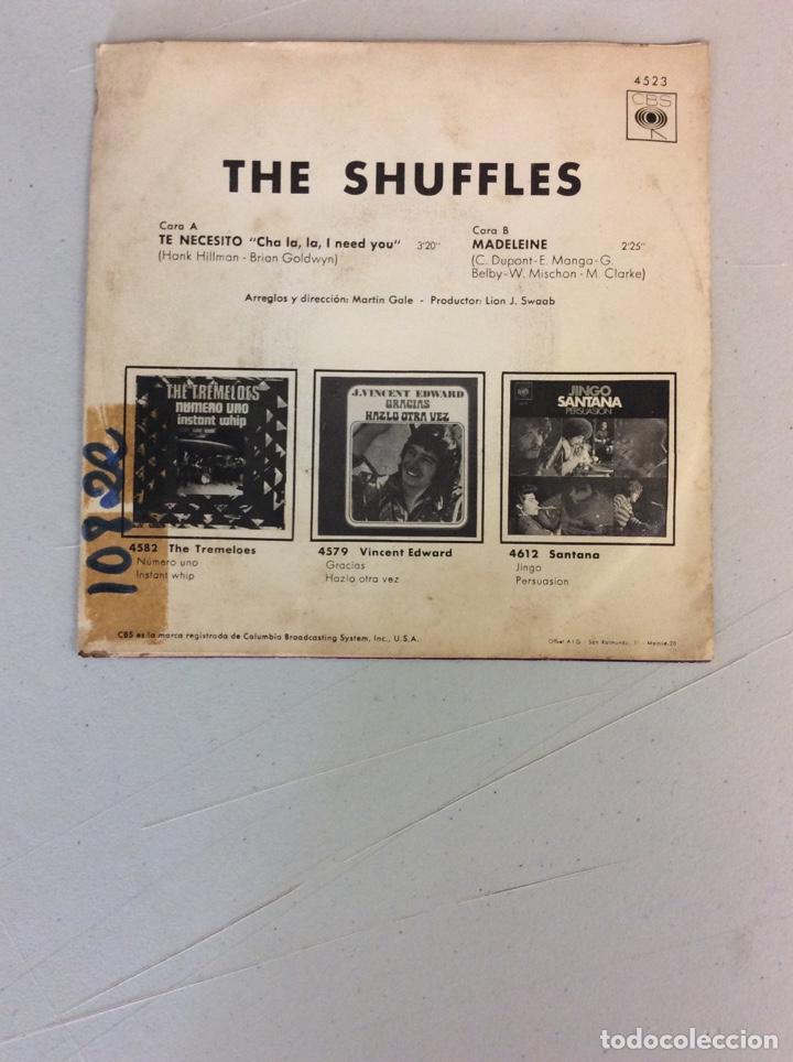 Discos de vinilo: The Shuffles. Te necesito. Madeleine. - Foto 2