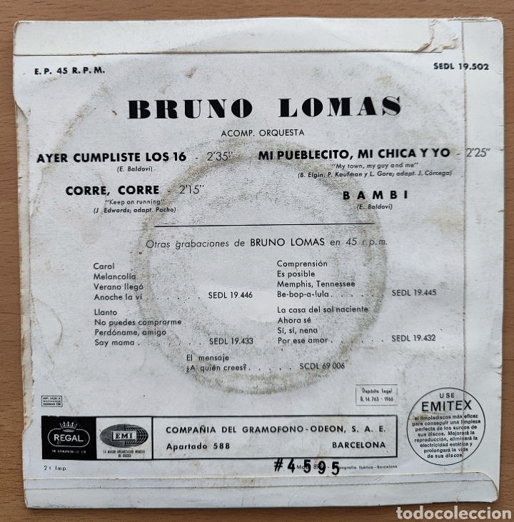 Discos de vinilo: BRUNO LOMAS - AYER CUMPLISTE LOS 16 - Foto 3