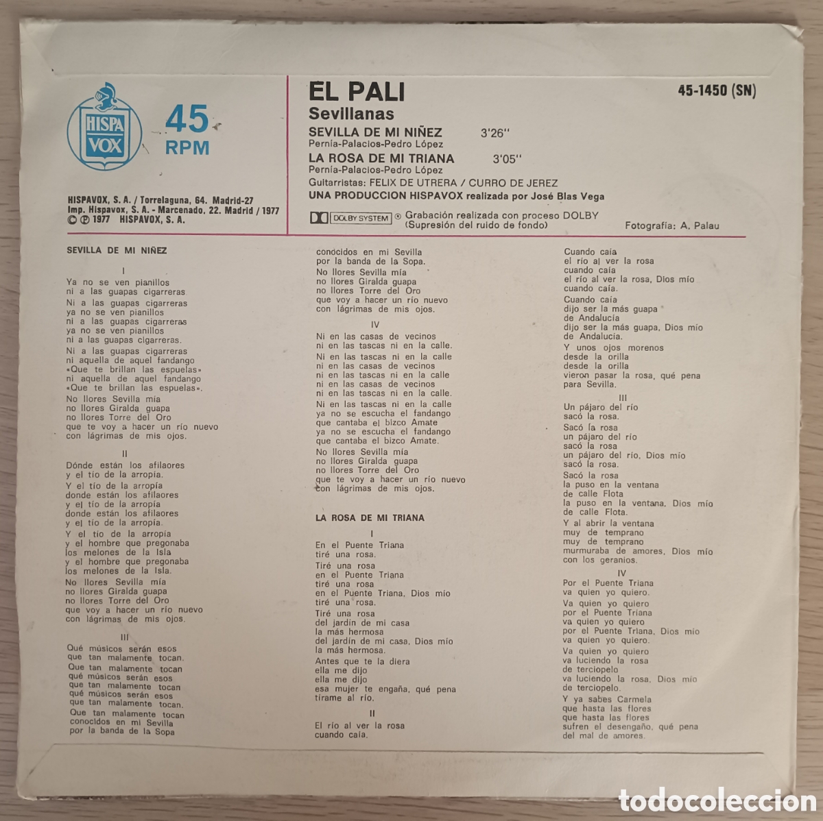 Discos de vinilo: Disco Single El Pali - Sevilla de mi ni&ntilde;ez (1977) - Foto 2