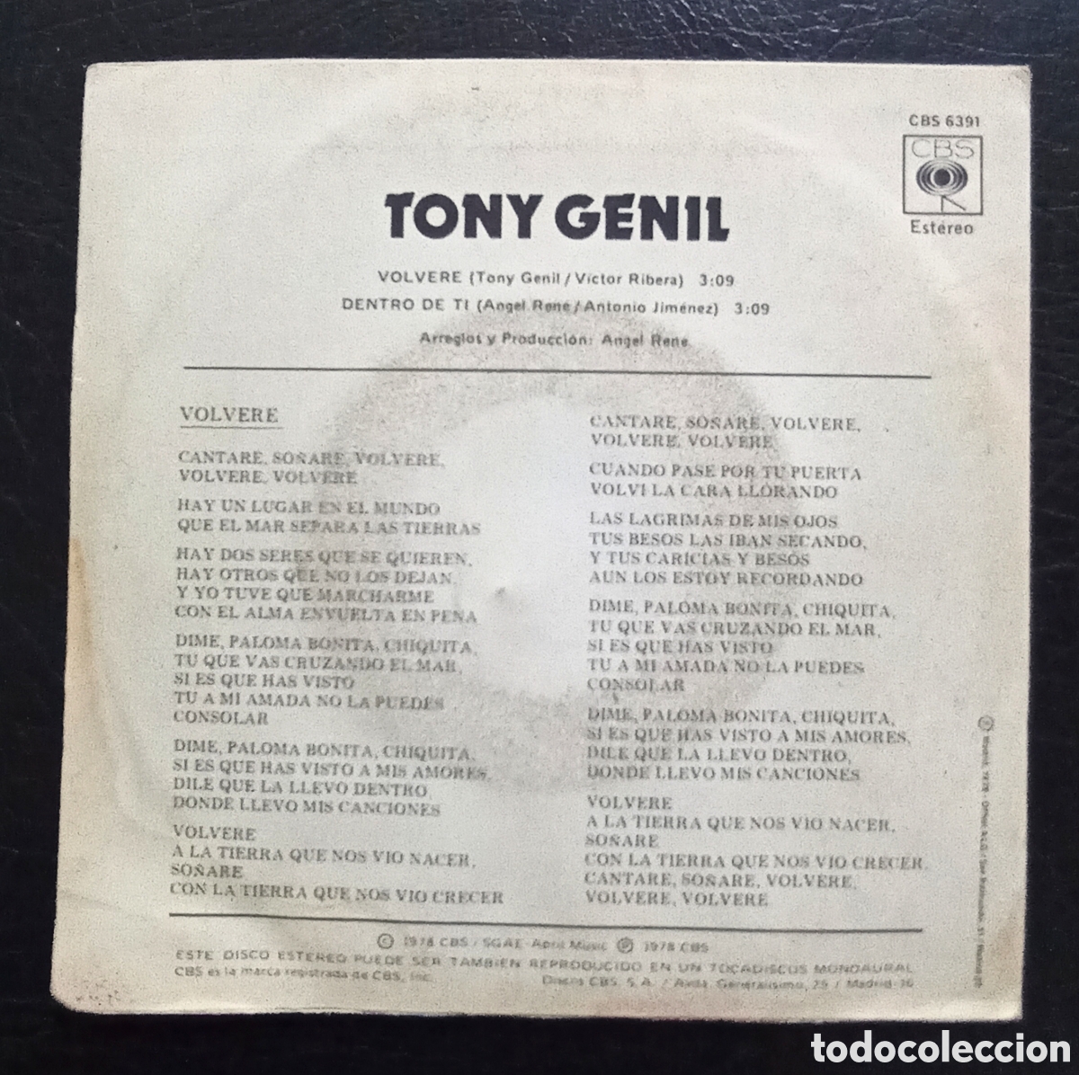 Discos de vinilo: SINGLE TONY GENIL - VOLVERE - CBS 1978 - Foto 2