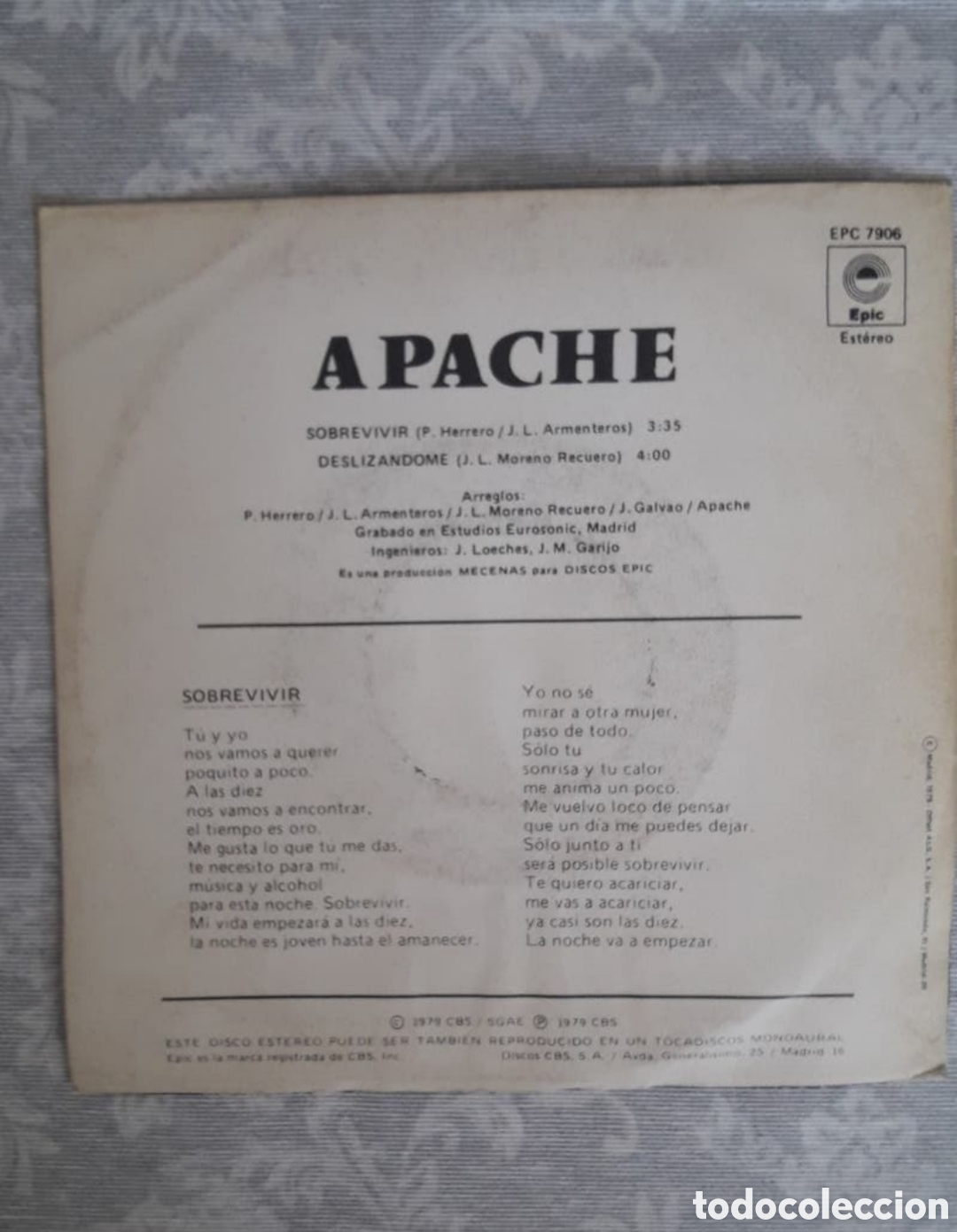 Discos de vinilo: Single Apache. Sobrevivir. Copia promocional - Foto 2