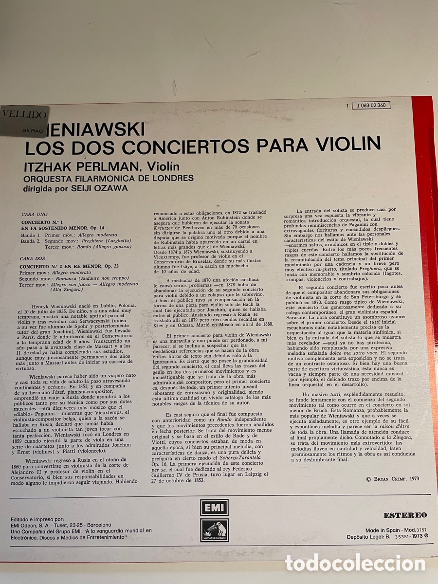 Discos de vinilo: Wieniawski - Dos conciertos de viol&iacute;n. - Foto 2
