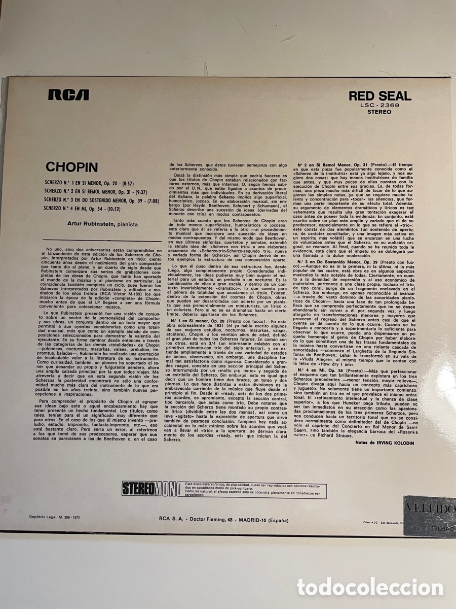 Discos de vinilo: Chopin Scherzos. Rubinstein - Foto 2