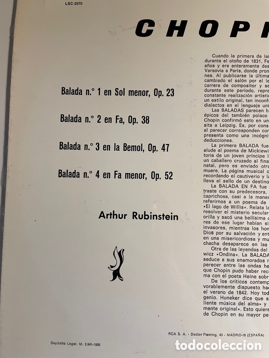 Discos de vinilo: Chopin Baladas. Rubinstein - Foto 2