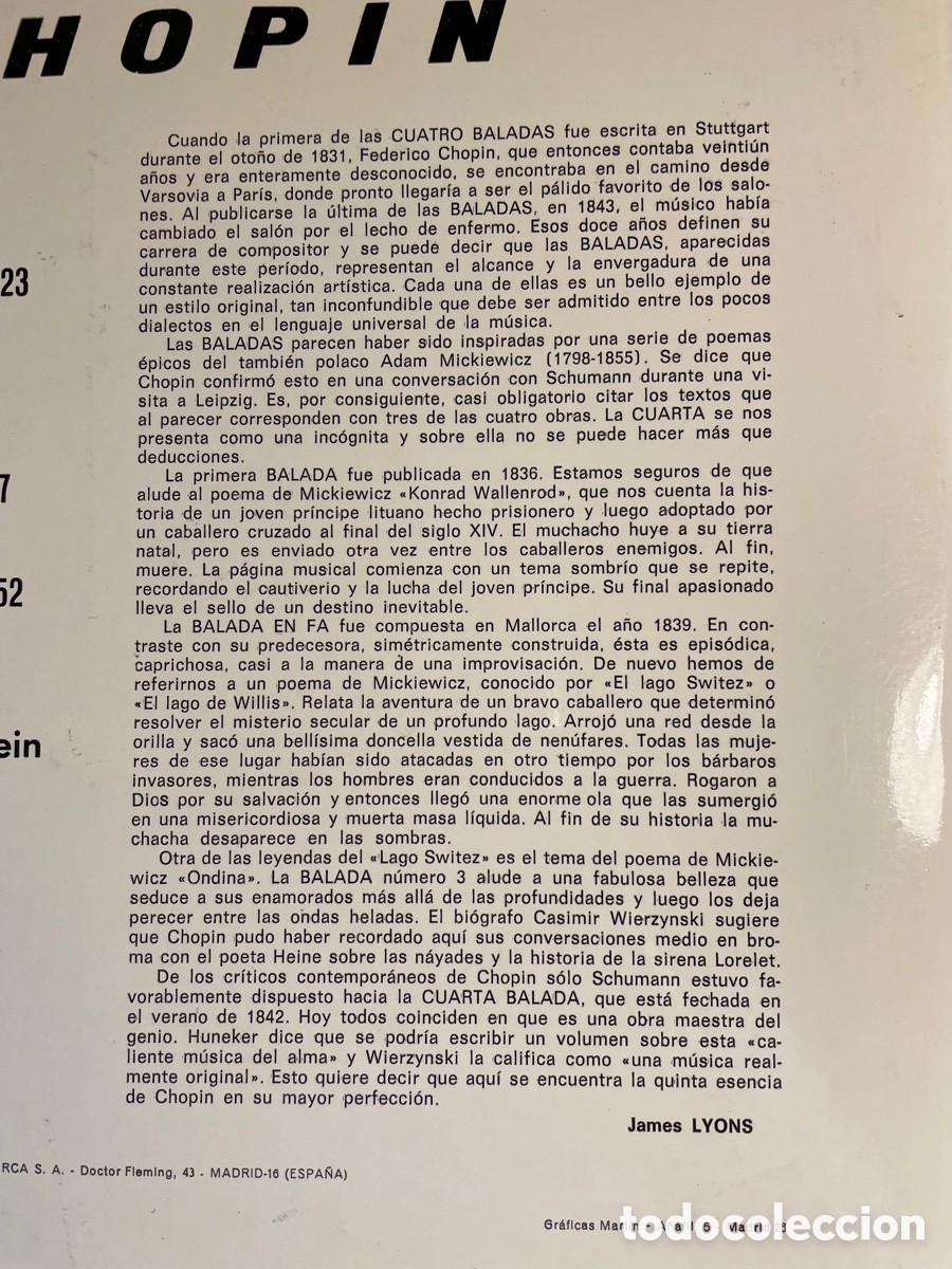 Discos de vinilo: Chopin Baladas. Rubinstein - Foto 3
