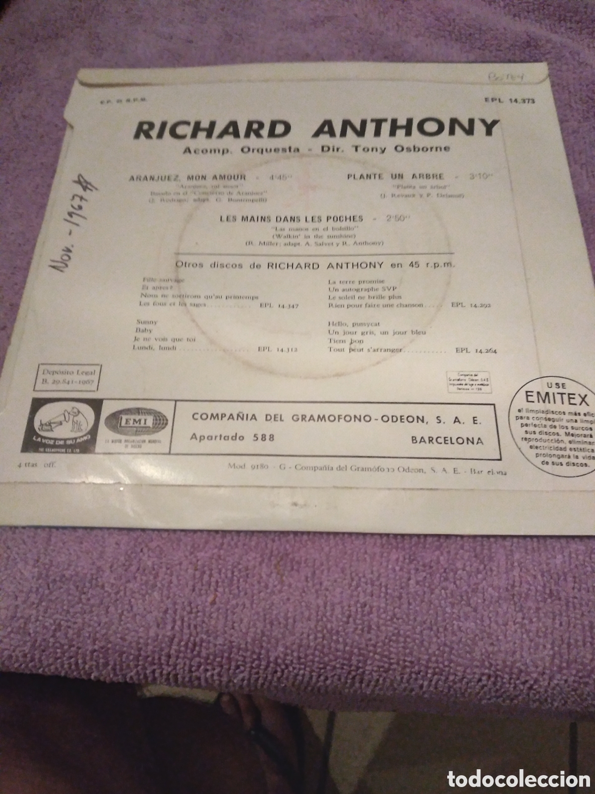 Discos de vinilo: RICHARD ANTHONY-ARANJIEZ/MON AMOUR-SINGLE VINILO- - Foto 2