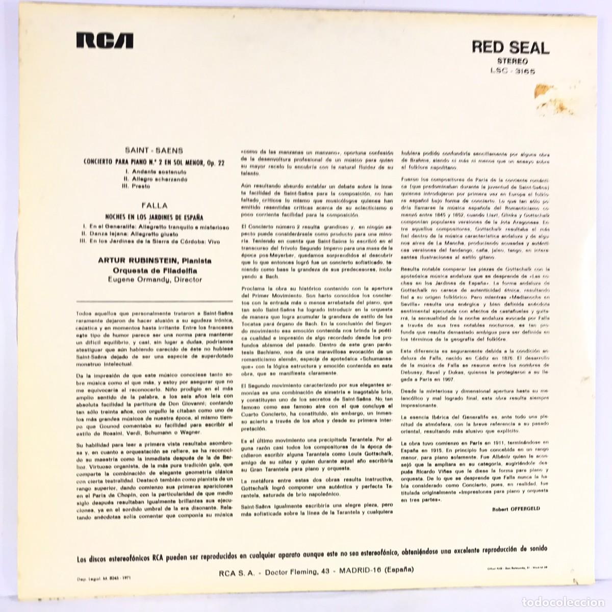 Discos de vinilo: Falla - Saint-Sa&euml;ns - Artur Rubinstein ● Eugene Ormandy ● Vinyl, LP, Compilation SPAIN 1970 - Foto 2