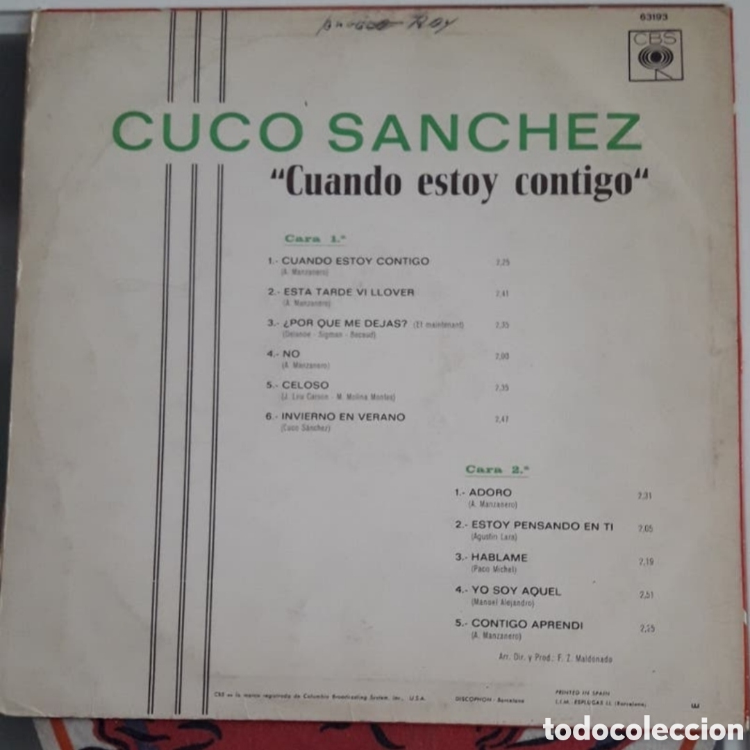 Discos de vinilo: Lp Cuco S&aacute;nchez. Cuando estoy contigo - Foto 2