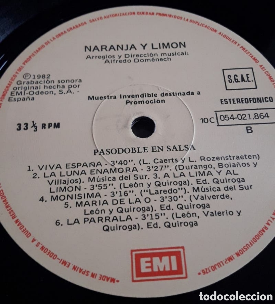 Discos de vinilo: Lp Naranja y limon. Pasodoble en salsa - Foto 4