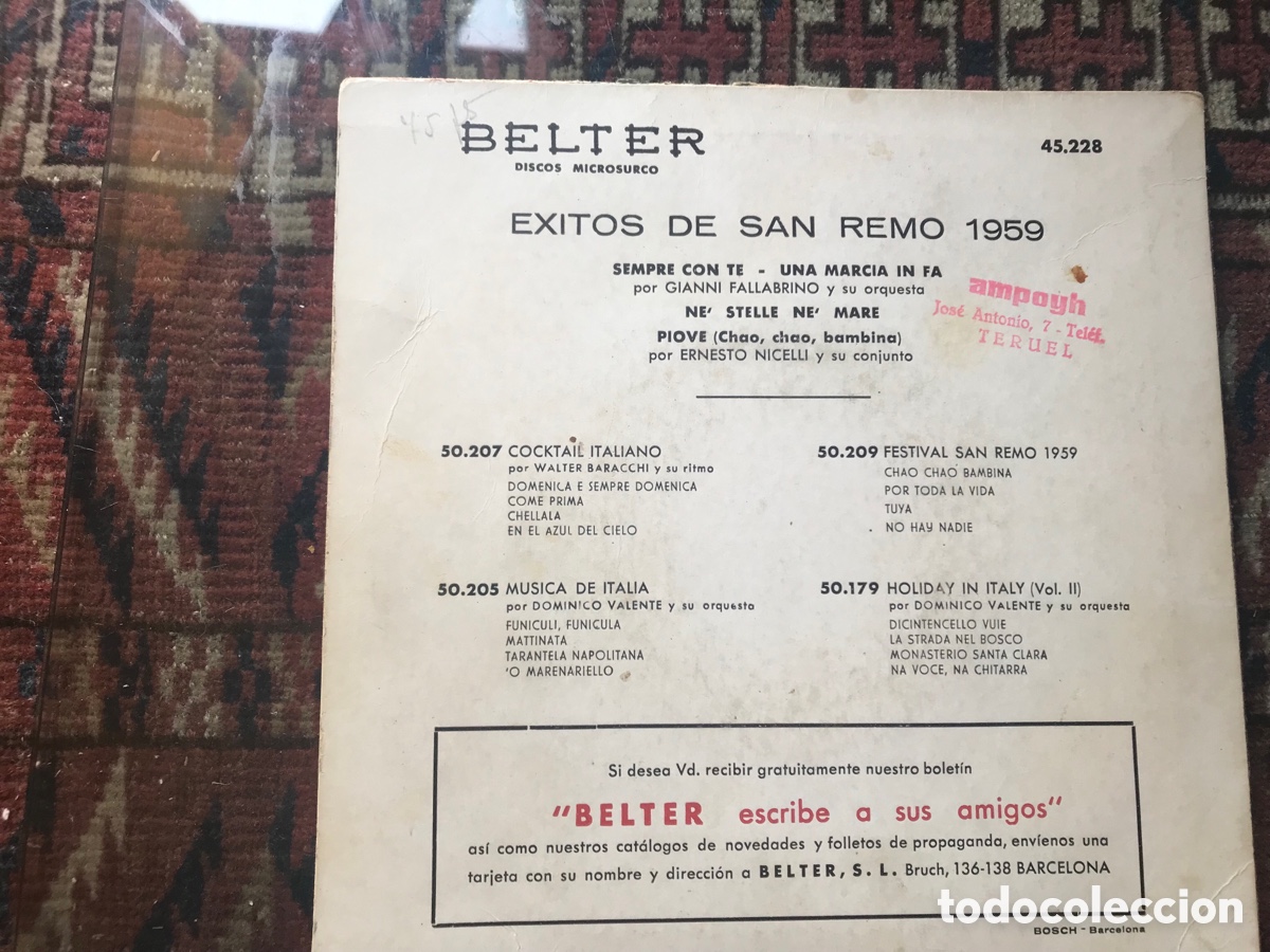 Discos de vinilo: &Eacute;xitos de San remo 1959. Belter - Foto 2