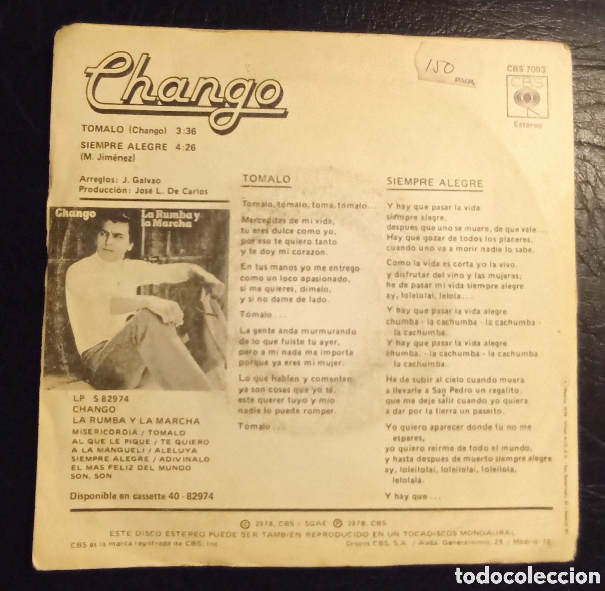 Discos de vinilo: SINGLE CHANGO - TOMALO - CBS 1978 - Foto 2