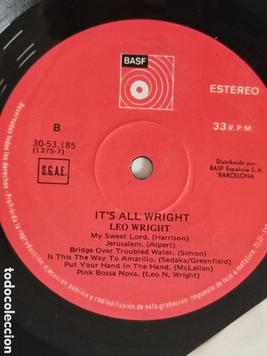 Discos de vinilo: Leo Wright &ndash; Its All Wright - Plays 12 All-Time-Hits - BASF &ndash; 30 53.185 - 1974 - Foto 5