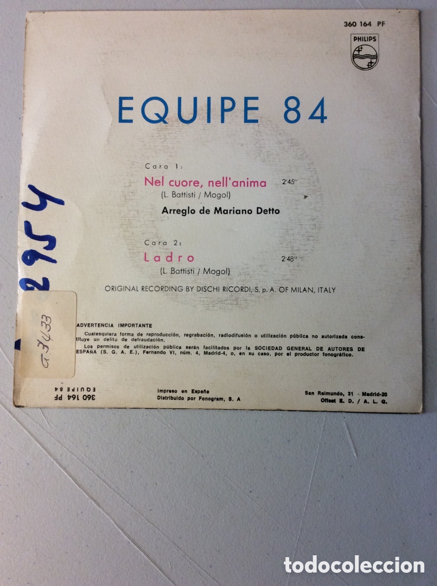 Discos de vinilo: Equipe 84. Ladro. Nel cuore nell&rsquo; anima. - Foto 2