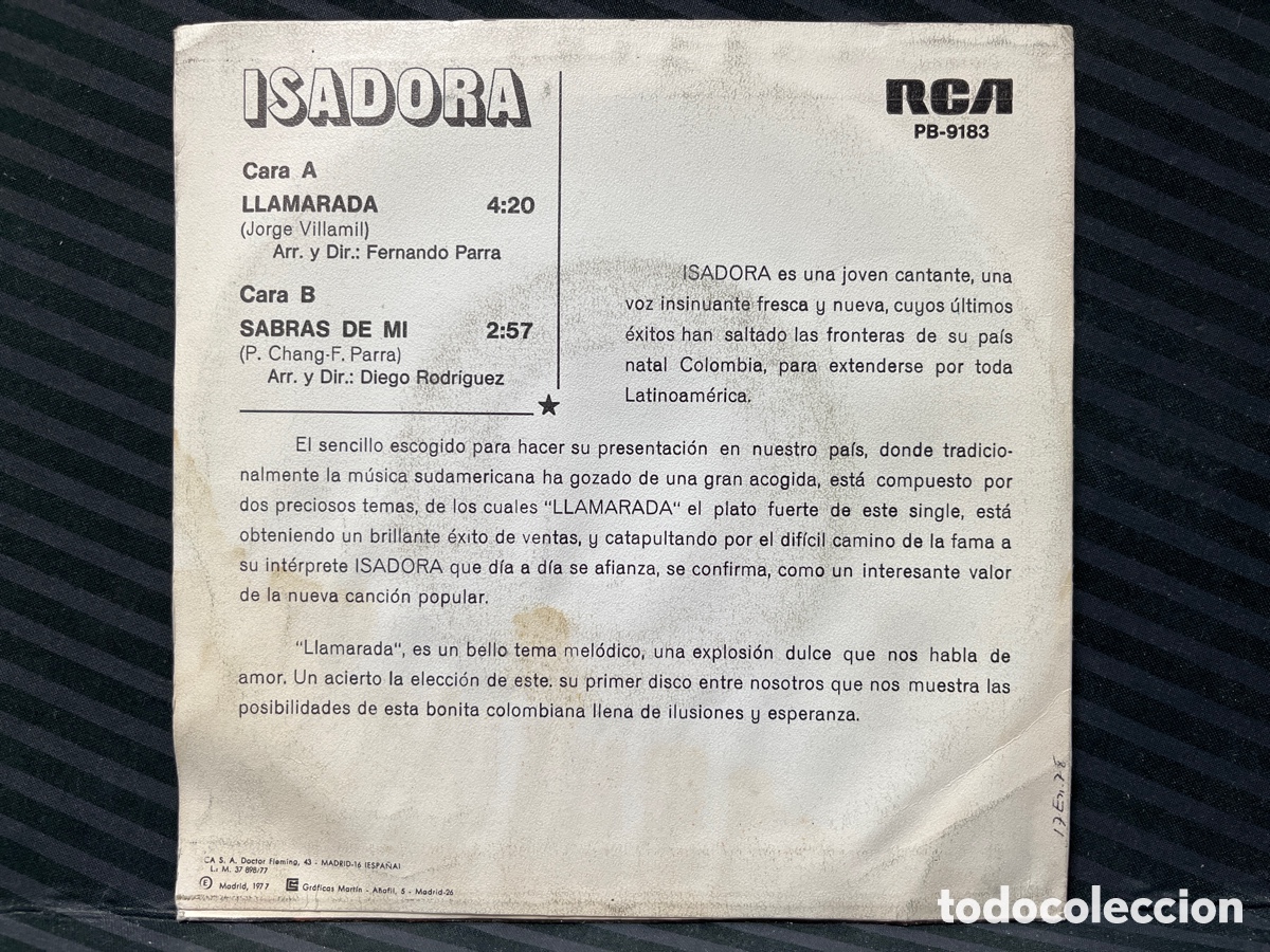 Discos de vinilo: Isadora - Llamarada (7&rdquo;, Single, Promo) - Foto 2