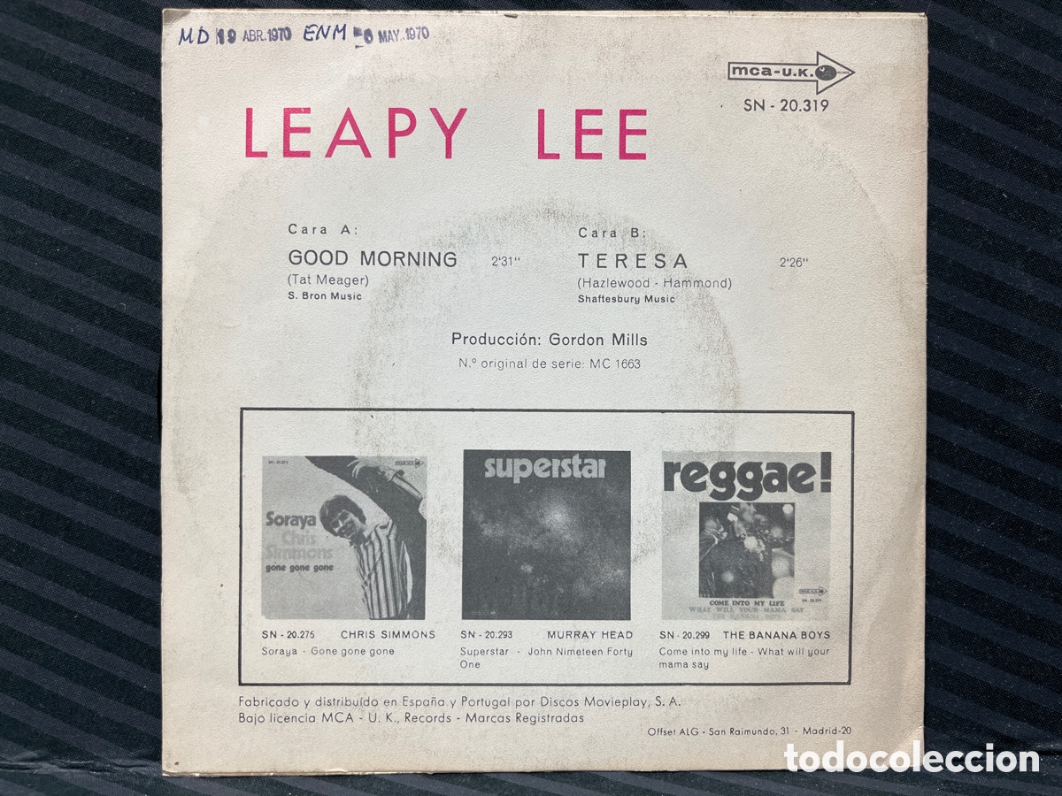 Discos de vinilo: Leapy Lee - Good Morning / Teresa (7&rdquo;, Single) - Foto 2