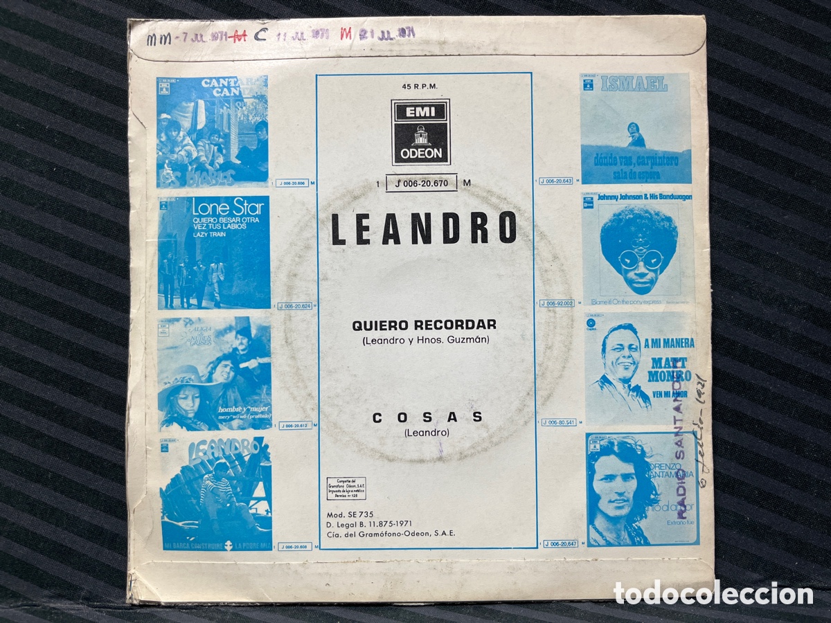 Discos de vinilo: Leandro - Quiero Recordar / Cosas (7&rdquo;, Single) - Foto 2
