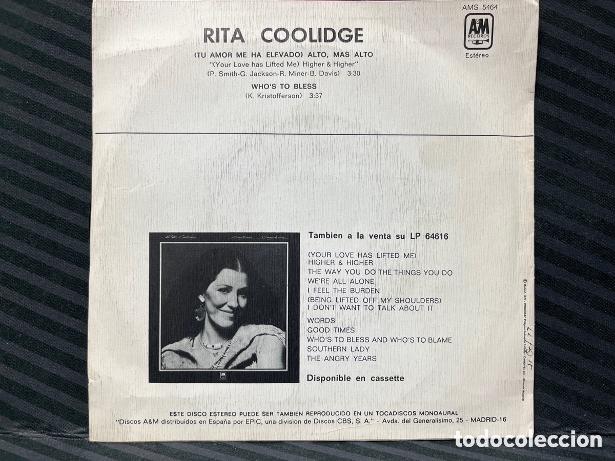 Discos de vinilo: Rita Coolidge - Tu Amor Me Ha Elevado (7&rdquo;, Single) - Foto 2