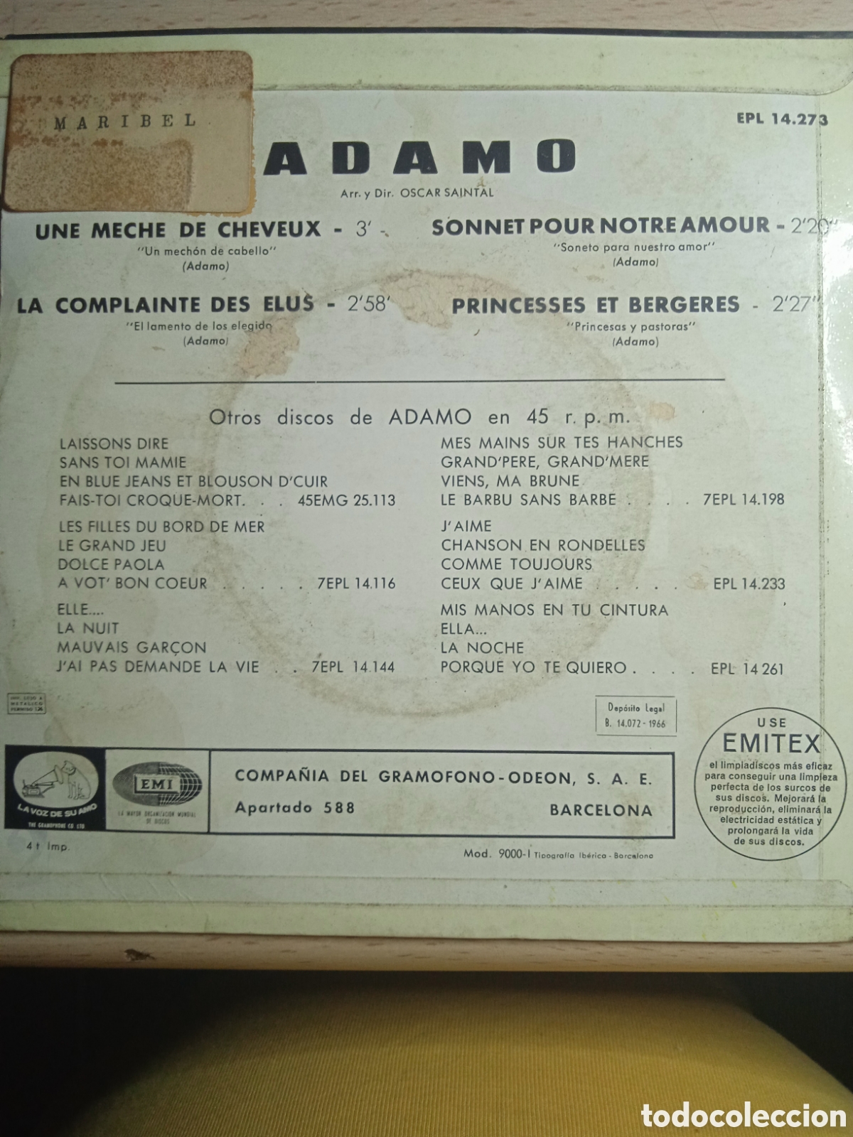 Discos de vinilo: EP 7&rdquo; Adamo.1966.Une meche de cheveux+3. - Foto 2