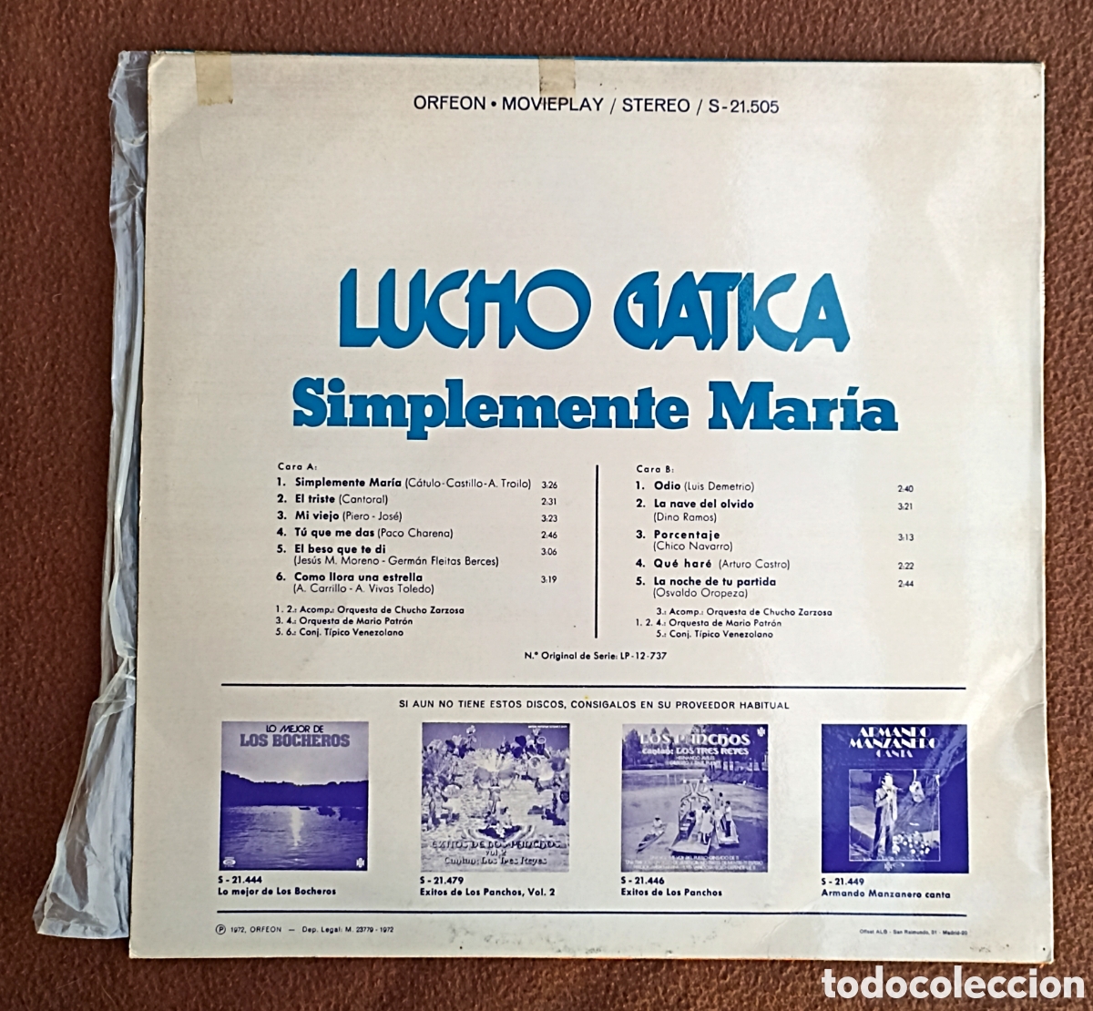 Discos de vinilo: LP LUCHO GATICA - SIMPLEMENTE MAR&Iacute;A - MOVIE PLAY 1972 - Foto 2