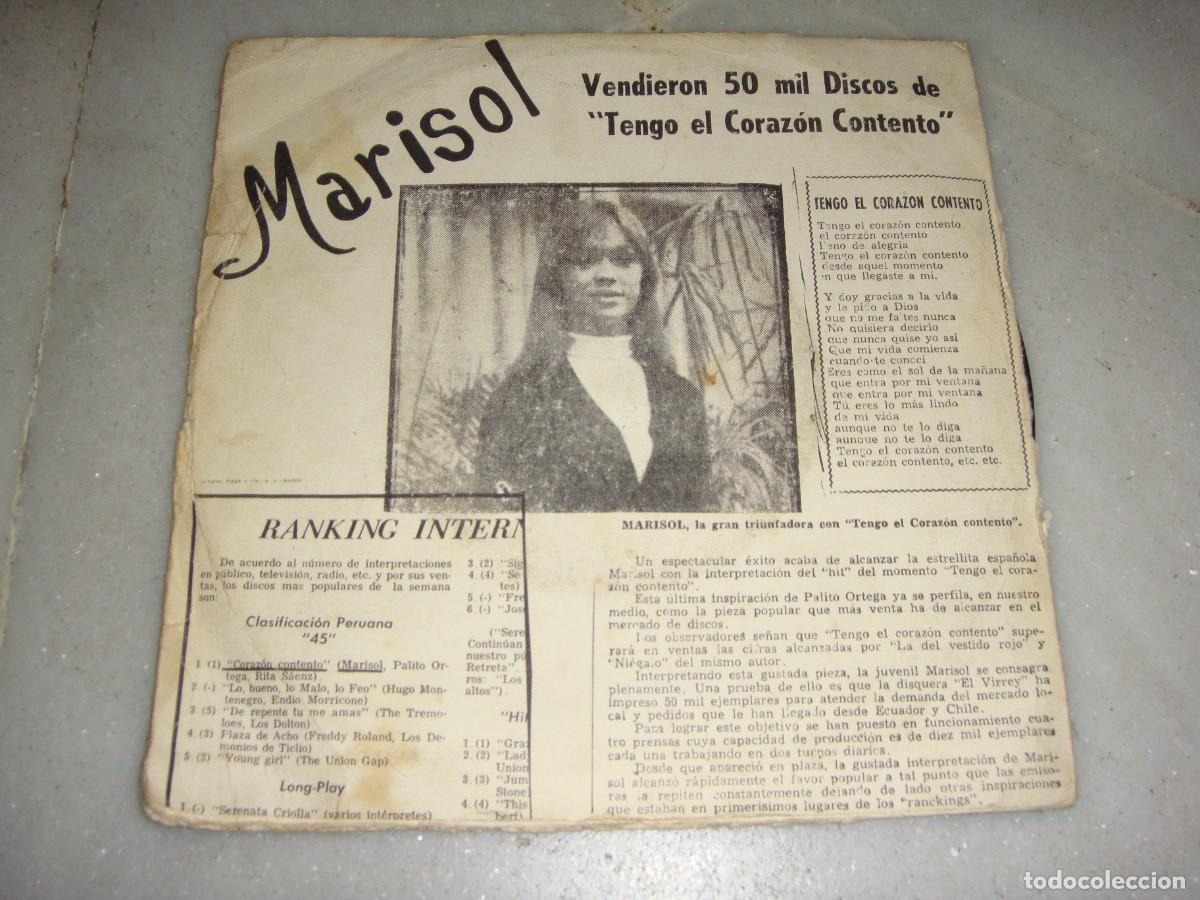 Discos de vinilo: Single. MARISOL. Coraz&oacute;n contento. Sime das la mano. - Foto 2