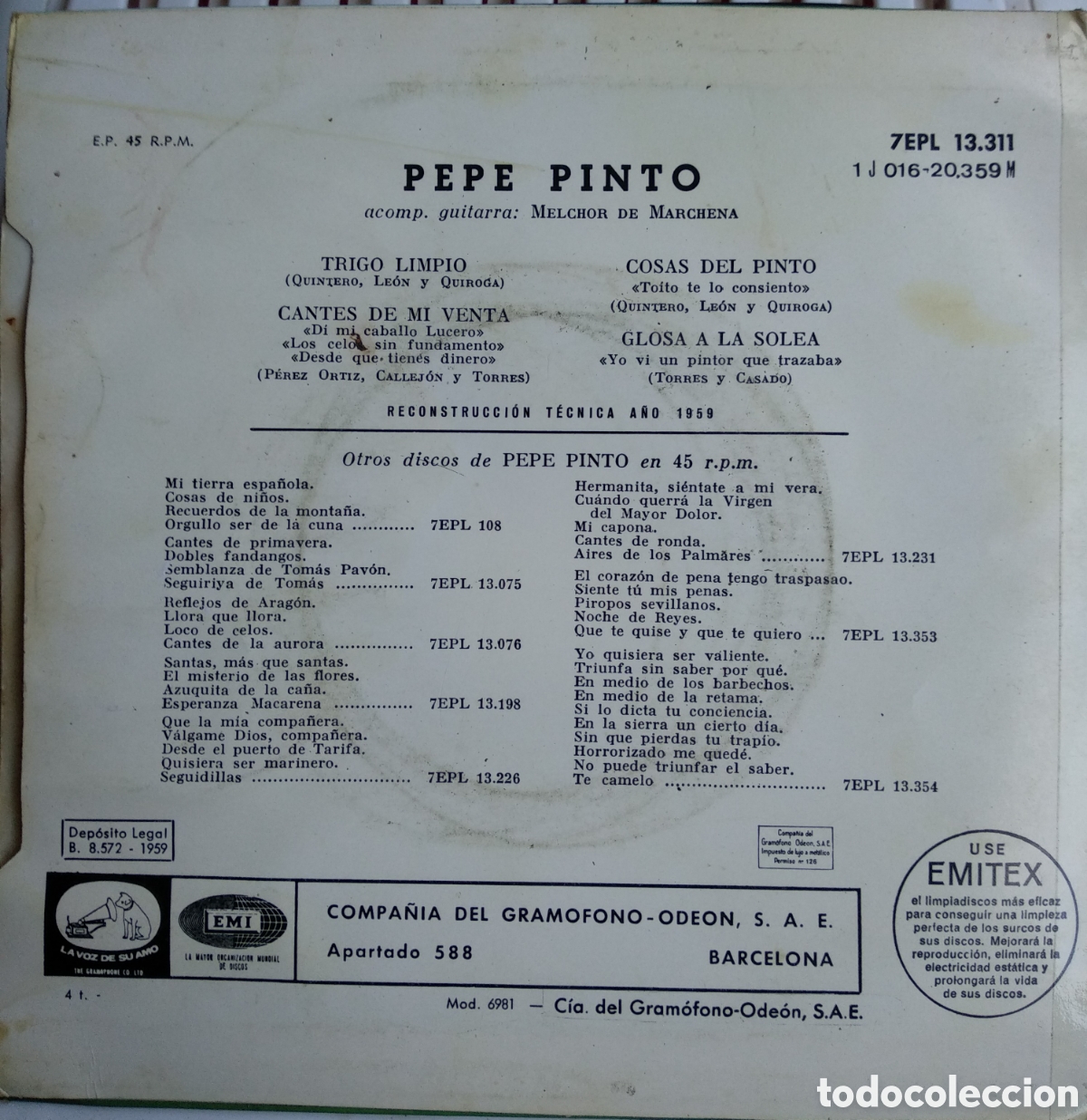 Discos de vinilo: PEPE PINTO, SPAIN, EMI, 1959 - Foto 2