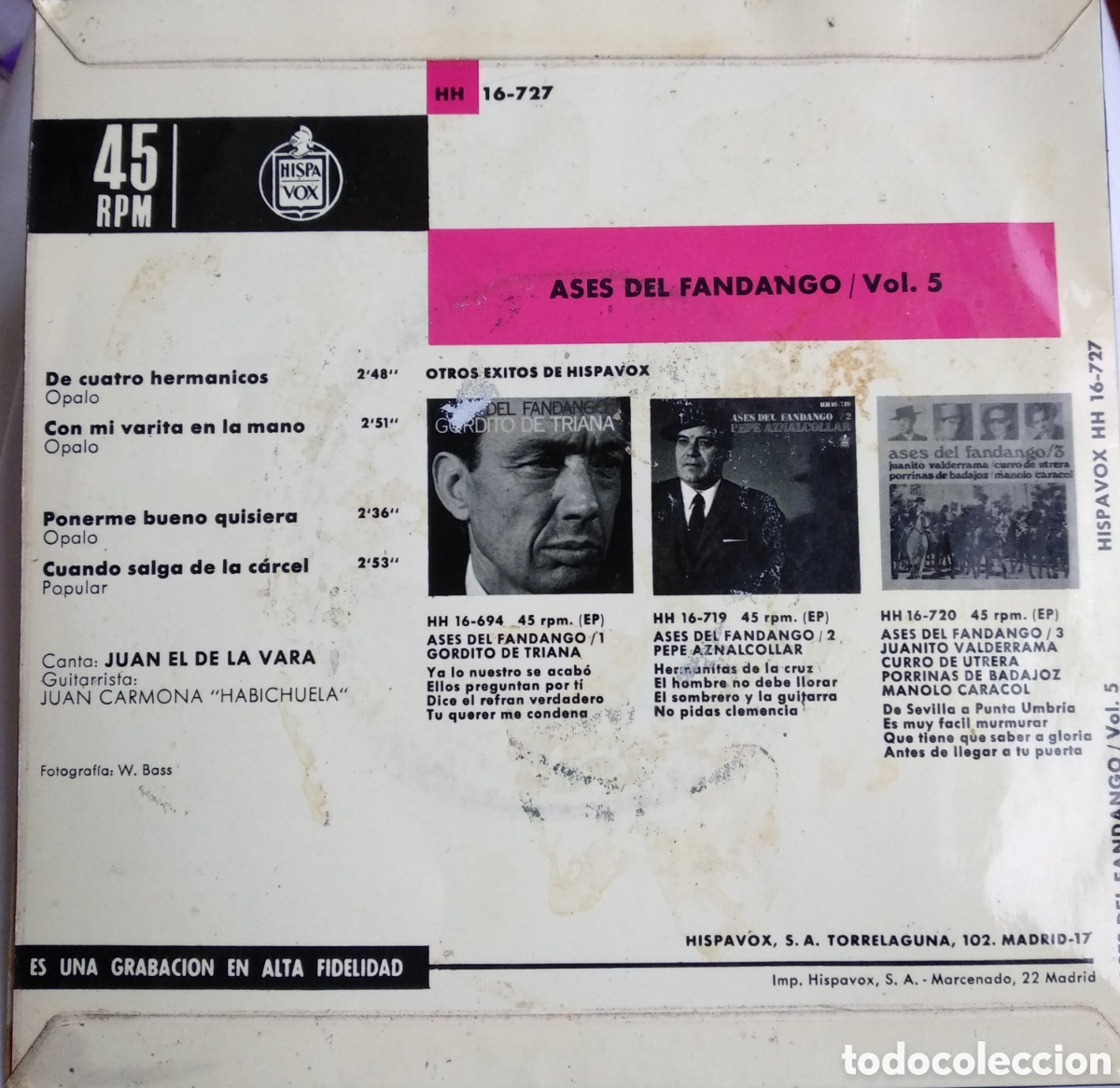 Discos de vinilo: JUAN DE LA VARA, SPAIN, HISPAVOX, 1970 - Foto 2