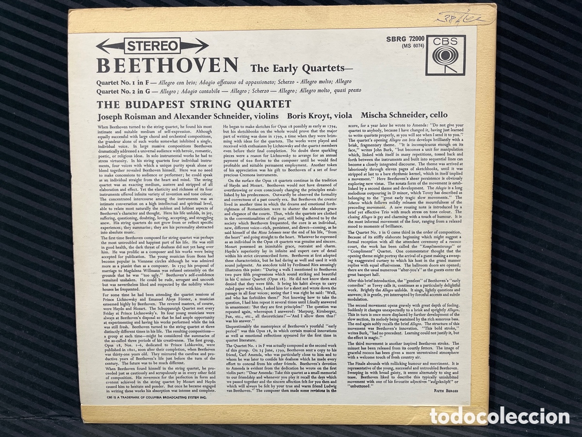 Discos de vinilo: Beethoven - Budapest String Quartet - String Quartets Op 18-Nos 1 And 2 (LP, Album) - Foto 2