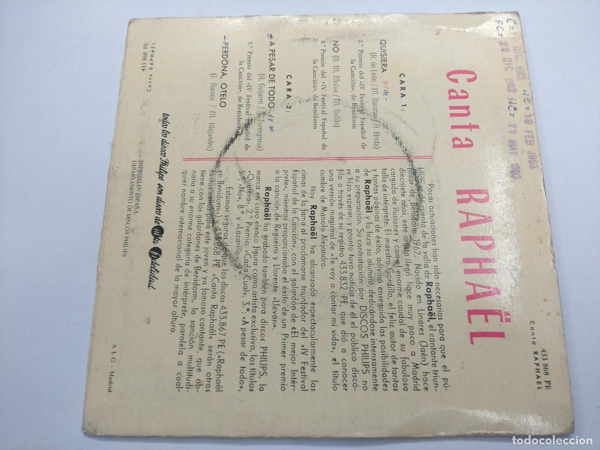 Discos de vinilo: RAPHAEL EN BENIDORM/QUISIERA/SINGLE. - Foto 3