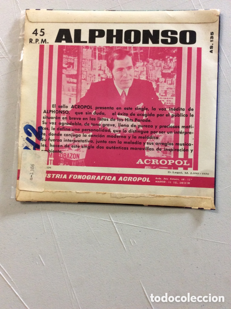 Discos de vinilo: Alphonso. En mi coraz&oacute;n. Contigo junto al mar. - Foto 2