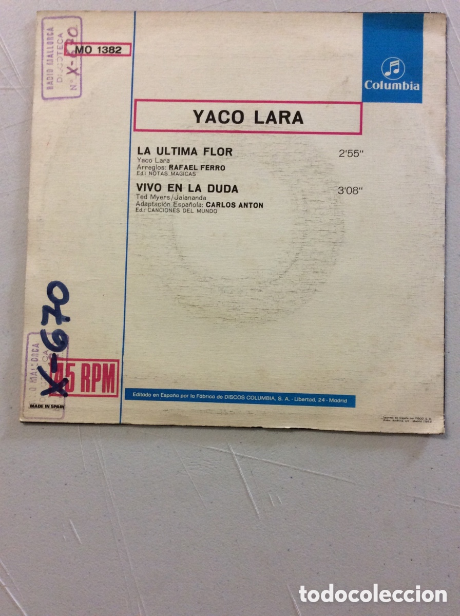 Discos de vinilo: Yaco Lara. La &uacute;ltima flor. Vivo en la duda. - Foto 2