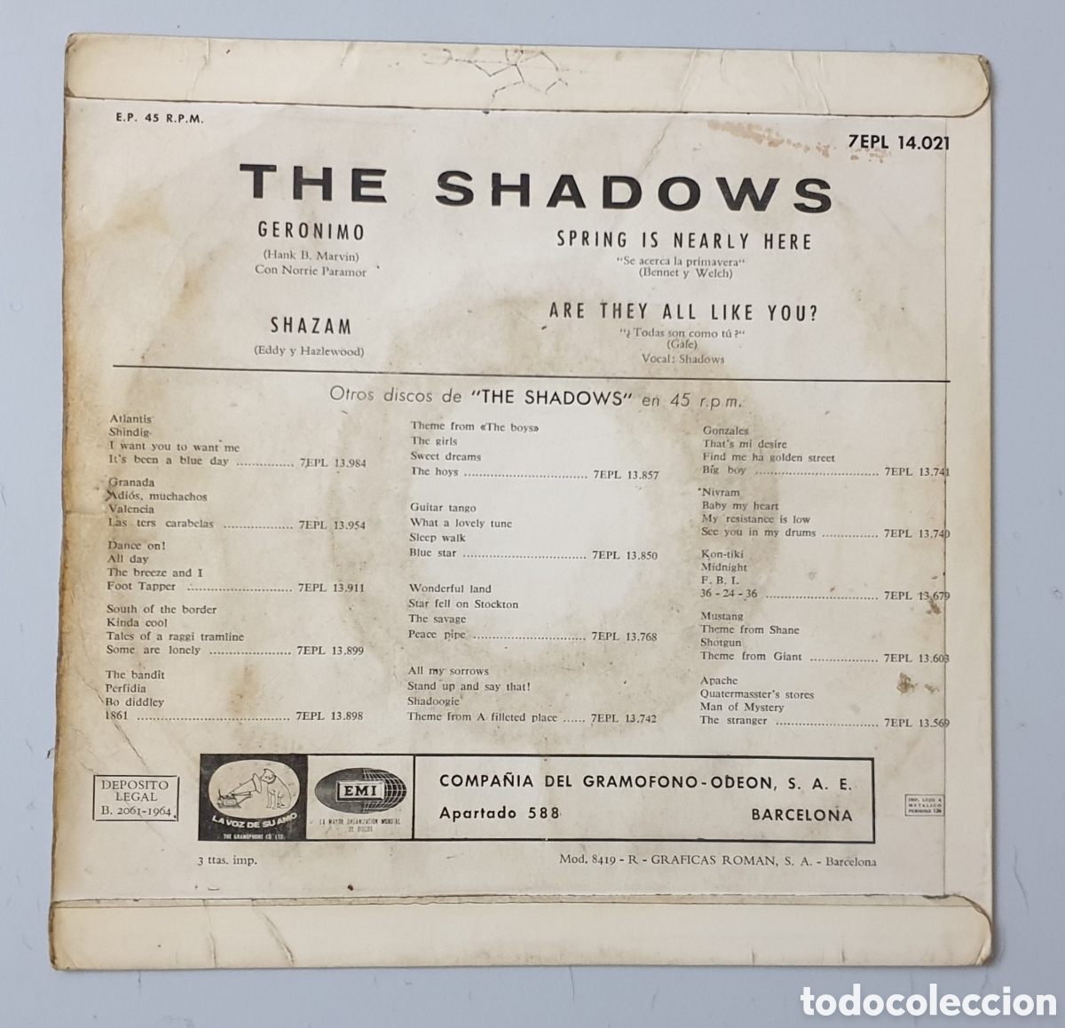 Discos de vinilo: EP THE SHADOWS - Geronimo/+3 (Espa&ntilde;a - EMI - 1964) - Foto 3