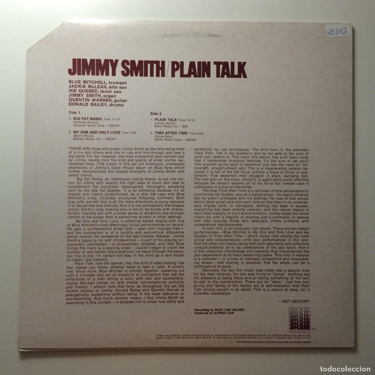 Discos de vinilo: Jimmy Smith &ndash; Plain Talk , USA 1981 Applause Records - Foto 2