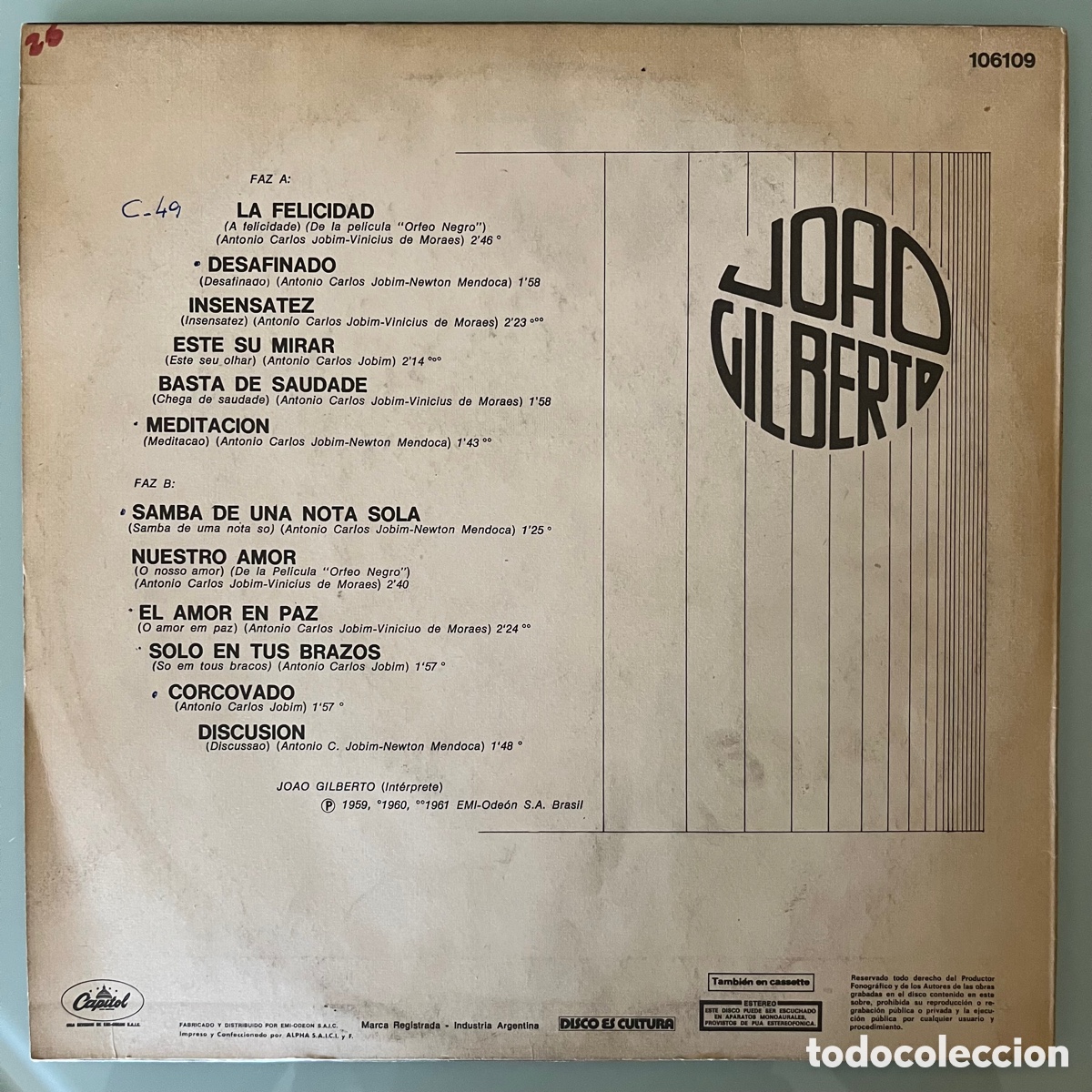 Discos de vinilo: Jo&atilde;o Gilberto &ndash; Interpreta A Tom Jobim - Foto 2