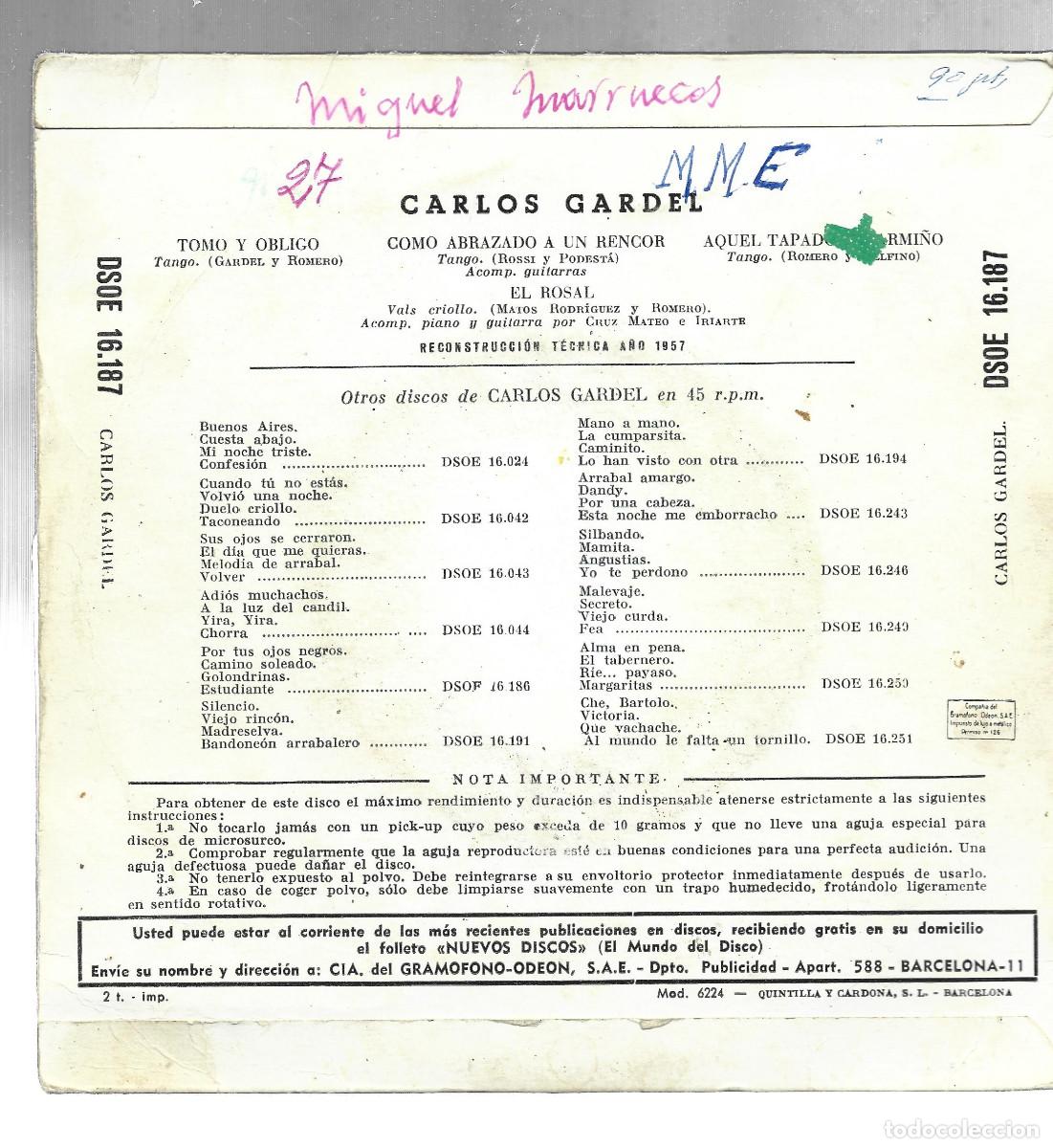 Discos de vinilo: CARLOS GARDEL- TOMO Y OBLIGO - Foto 2