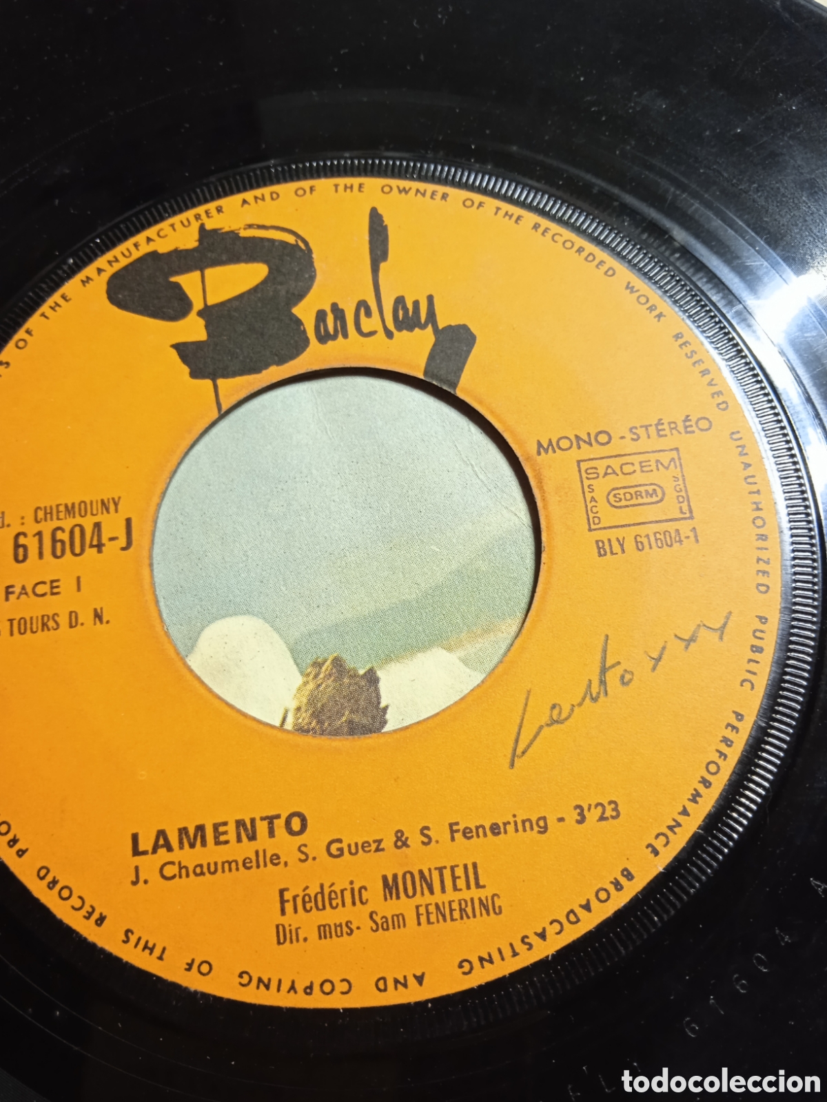 Discos de vinilo: Single 7&rdquo;Frederic Monteil.France.Lamento. - Foto 3
