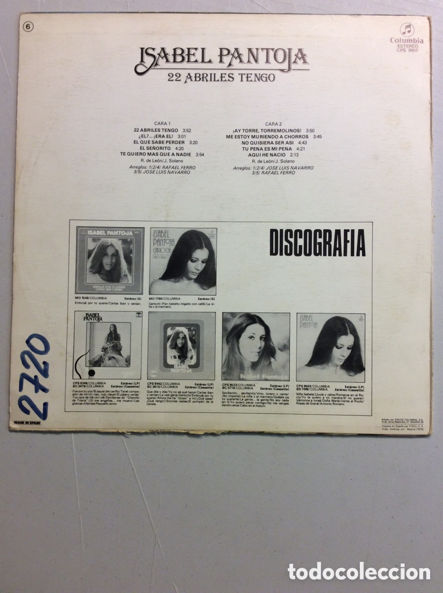 Discos de vinilo: Isabel Pantoja. 22 abriles tengo. - Foto 2