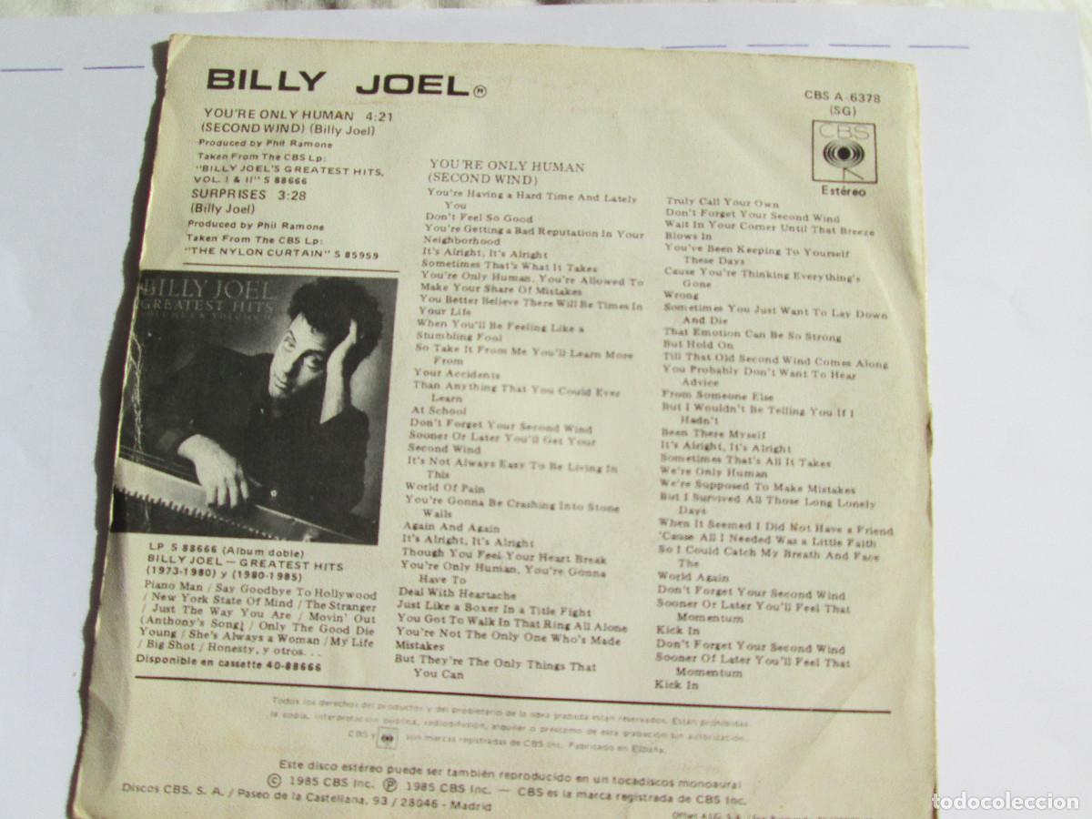 Discos de vinilo: BILLY JOEL - YOURRE ONLY HUMAN - SINGLE VINILO - 1985 CBS - Foto 2