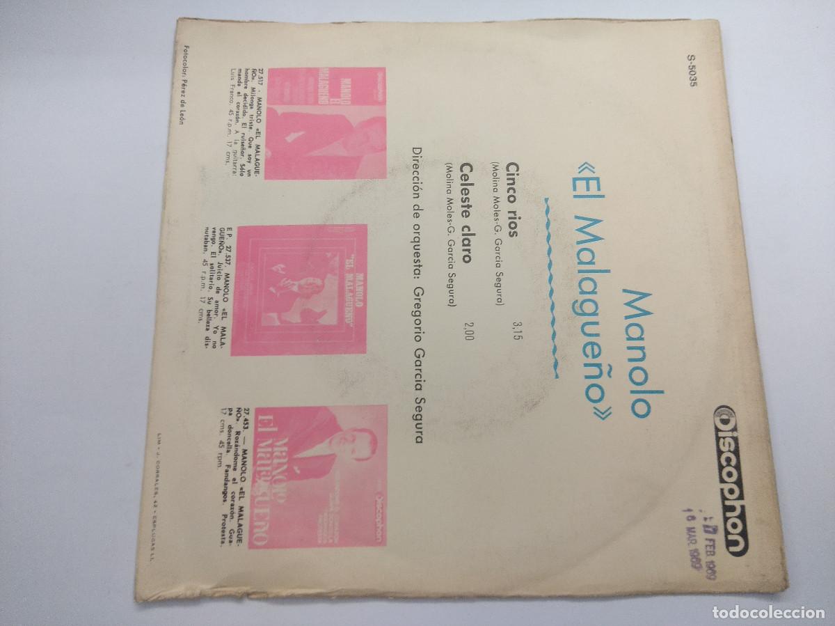 Discos de vinilo: MANOLO EL MALAGUE&Ntilde;O/CINCO RIOS/SINGLE. - Foto 3