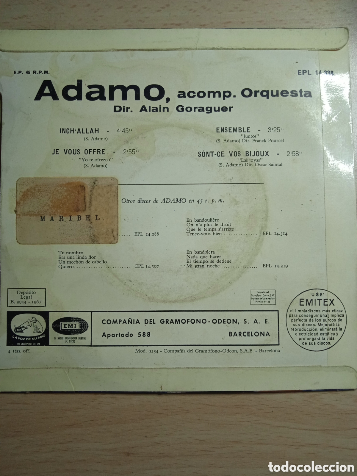 Discos de vinilo: EP 7&rdquo; Adamo 1967.Inchallah +3 - Foto 2